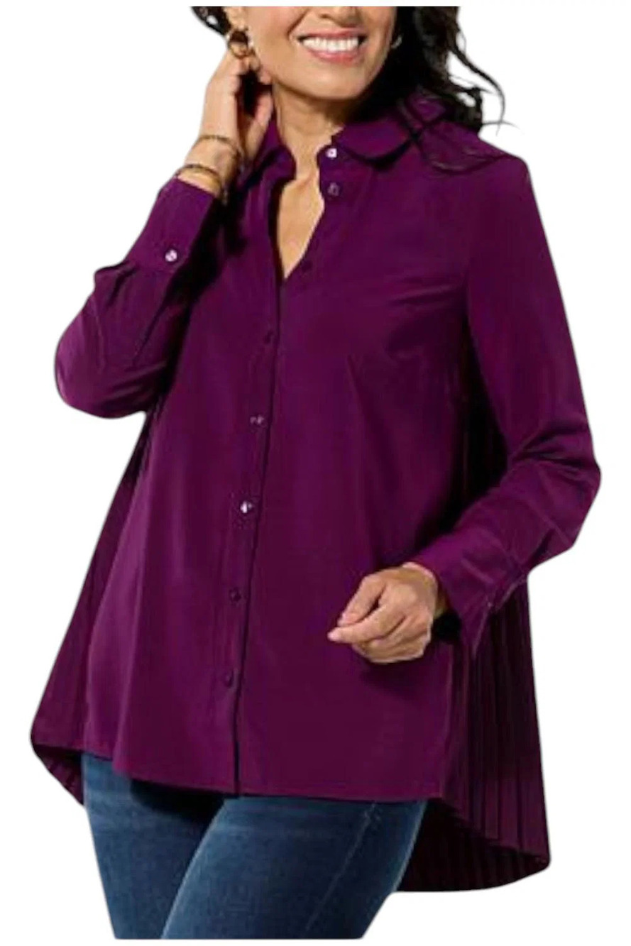 Nina Leonard Women's Long Sleeve Collared Front Shirt Black Plum - Regular